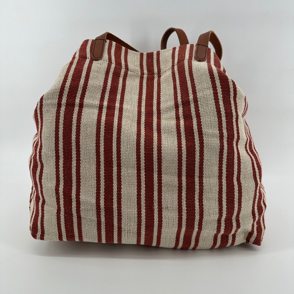 Banana Republic Woven Striped Jute Cotton Tote Bag Leather Straps Rust Red Cream